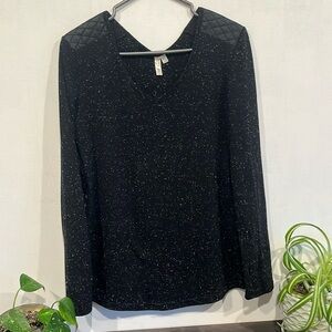 RD style, size medium, black long sleeve with faux leather on shoulders.